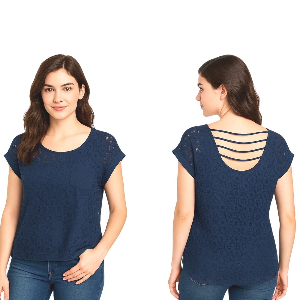 E And M Blouse Blue Lace Strappy Back Short Sleeve Floral Sheer Top Women Size L